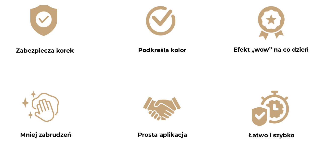 Obraz przedstawia sześć ikon opisujących zalety wosku pszczelego do korka.